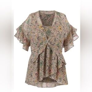 CAbi 5344 Poet Boho Floral Couplet Layered Tiered Ruffle Sleeve Top - XL